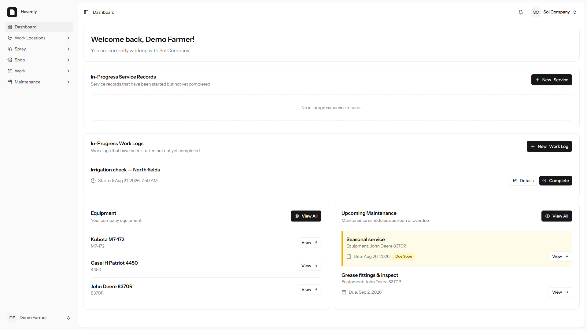 Havenly pesticide reporting screenshot