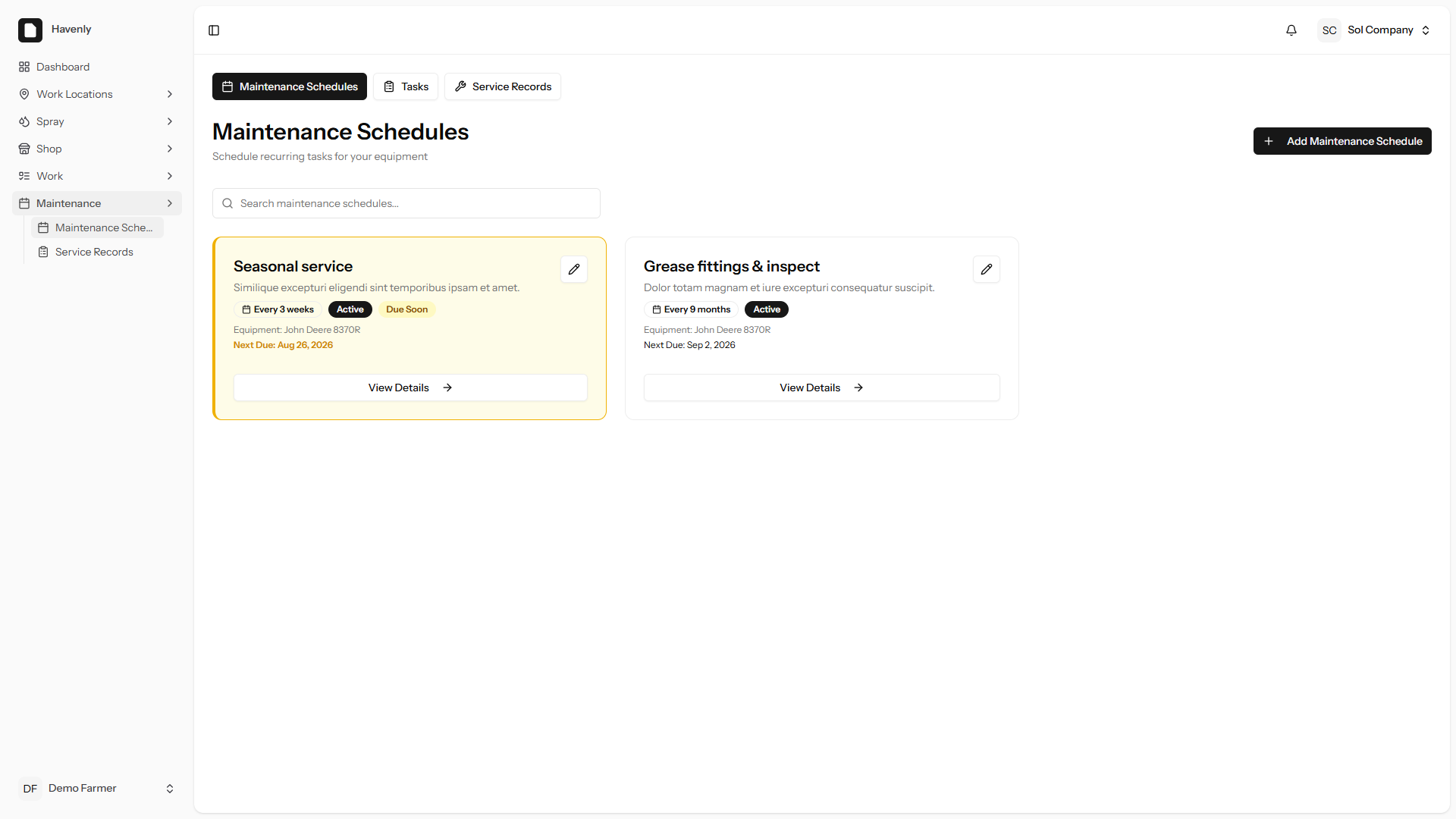 Havenly equipment maintenance schedules screenshot